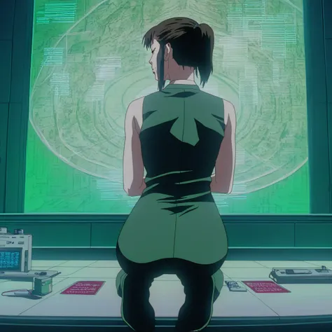 score_9,sauce_anime,One girl,alone,Looking back,,I am praying,Association,Green Business Suit,Black,Short Ponytail,Strobe light,screen reflection,Kneeling