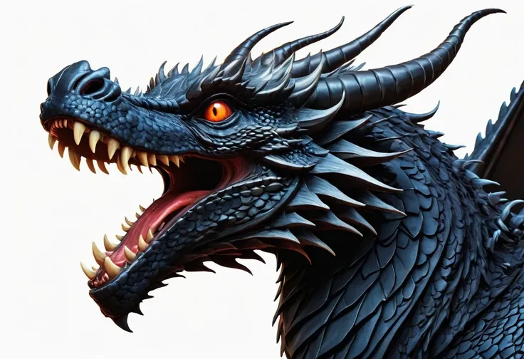 A black oriental dragon，Black Dragon，Black dragon head，Horns on the head，fear，Scary，Huge teeth，ferocious，（((side view：1.5))），White background，cartoon，Second Dimension