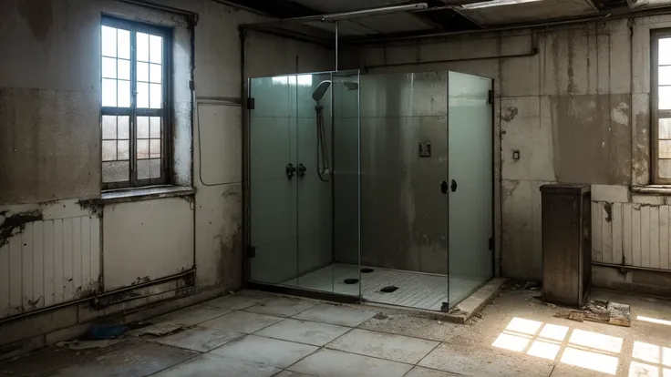 Abandoned factory shower room, cool tone, realistic, high quality