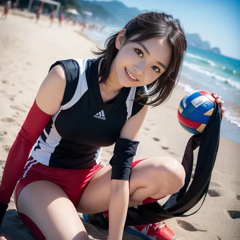 (2 beautiful korean volleyball players, age 23, both are wearing white tight lightweight synthetic jersey, red spandex shorts, a...