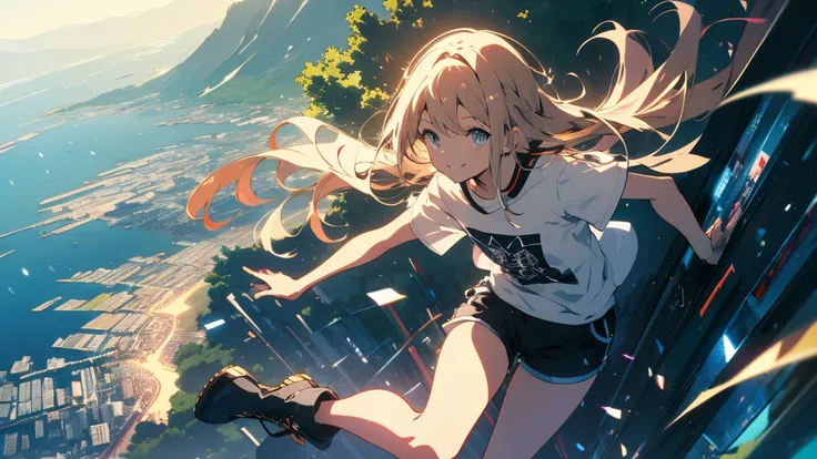 (Highest quality、masterpiece、High resolution、detailed)、(Shining Eyes、detailed美しい顔)、1 Girl、(T-Shirts,Shorts),smile,short boots,outskirts、Slope background、Beautiful Anime