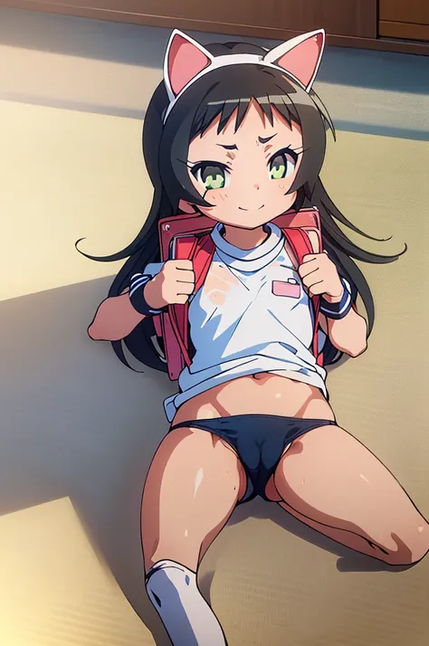 masterpiece, ultra quality, ultra sharp, ultra detailed, 1girl, solo, (((good anatomy))), haduki kurumi, (tattered torn dripping wet white gym shirt), navy gym pants, animal ears, randoseru, name tag, Japanese anime pose, laugh, BurumaShorts, Buruma, Gym U...