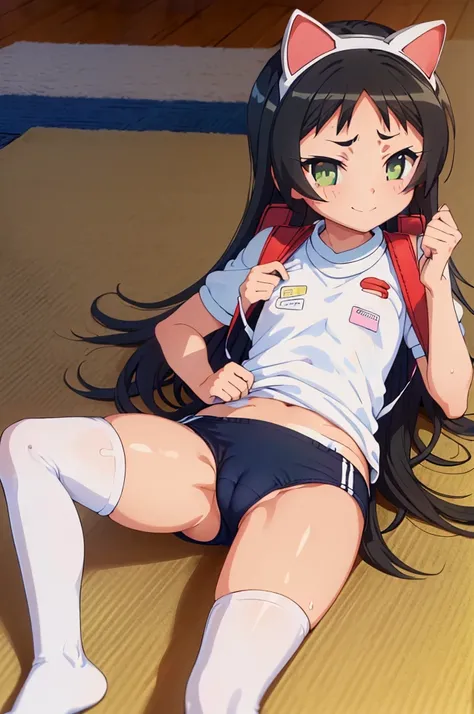 masterpiece, ultra quality, ultra sharp, ultra detailed, 1girl, solo, (((good anatomy))), haduki kurumi, (tattered torn dripping wet white gym shirt), navy gym pants, animal ears, randoseru, name tag, Japanese anime pose, laugh, BurumaShorts, Buruma, Gym U...