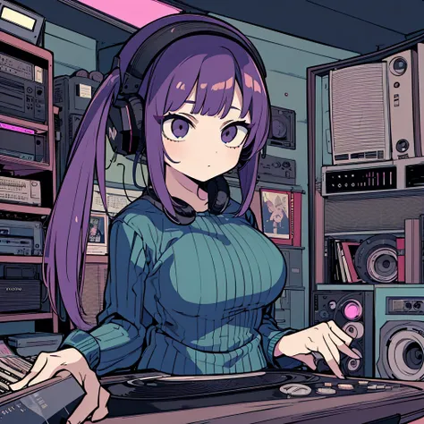 Best quality, (masterpiece), best detail face,1 girl, big breasts, 18 yo, 8k,absurdres,unity 8k wall paper,(extremely detailed:1.3), highest realistic, (retro headphones:), Her room full of music equipment and records, Light clothing, she is lazy, See the ...