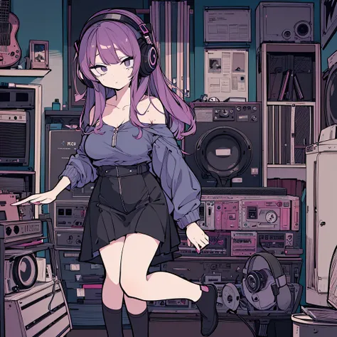 Best quality, (masterpiece), best detail face,1 girl, good breasts, 18 yo, 8k,absurdres,unity 8k wall paper,(extremely detailed:1.3), highest realistic, (retro headphones:), Her room full of music equipment and records, Light clothing, she is lazy, See the...