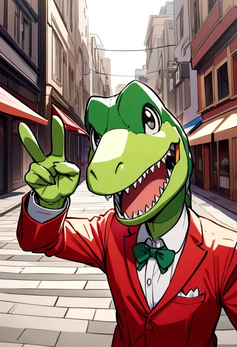 A dinosaur wearing a red tuxedo is smiling and making a peace sign at the camera in the city