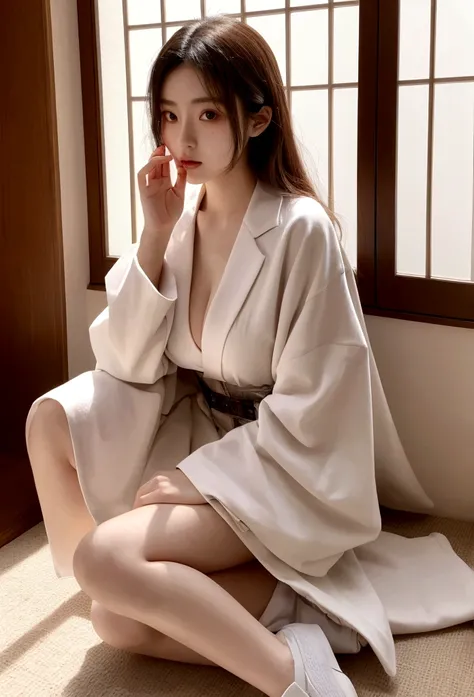 2024s fashion, full body of a 20-year-old Japanese beauty sitting, snapshot not looking at the camera, double and big eyes,face is ennui, beautiful breasts