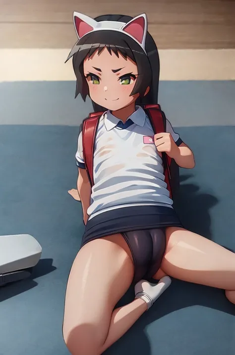 masterpiece, ultra quality, ultra sharp, ultra detailed, 1girl, solo, (((good anatomy))), haduki kurumi, (tattered torn dripping wet white gym shirt), navy gym pants, animal ears, randoseru, name tag, Japanese anime pose, laugh, BurumaShorts, Buruma, Gym U...