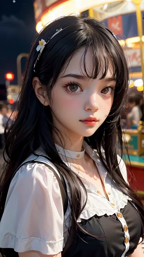 (8k, RAW photo, best quality, masterpiece:1.2), (realistic, photo-realistic:1.37) , 1girl, (carousel, night), miaoxiaoji(secret_tea), detailed face, detailed eyes, black dress