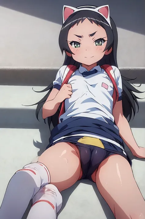 masterpiece, ultra quality, ultra sharp, ultra detailed, 1girl, solo, (((good anatomy))), haduki kurumi, (tattered torn dripping wet white gym shirt), navy gym pants, animal ears, randoseru, name tag, Japanese anime pose, laugh, BurumaShorts, Buruma, Gym U...