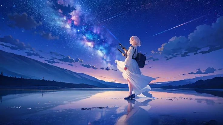 （（Highest quality））， （（masterpiece））， （（long range shooting）），night， Lovely lady，profile，Stand in the middle of a salt lake，The water surface is like a mirror，Reflecting the sky，Look at the sky。The Milky Way is in the sky。