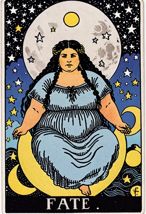 A tarot card featuring a chubby woman with braided black hair, stars and moon imagery, in black blue white and silver. It has the word "Fate" written at the bottom