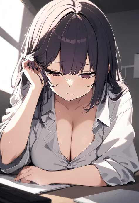 1girl, ultra high res, large chest, cleavage, oversized shirt, bent down, sleepy, hand on eye