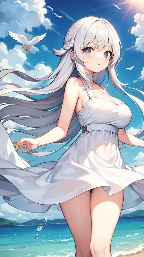 Showing the whole body, cute, baby face, big breasts, flying in the sky, white simple dress, long hair, angel