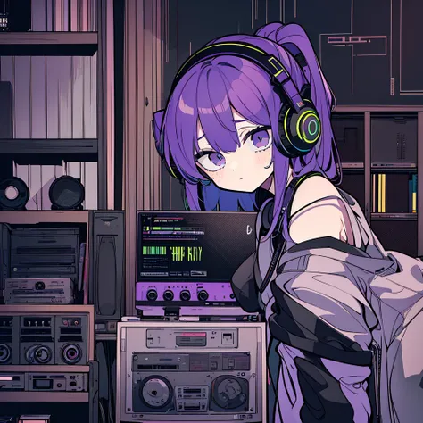 Best quality, (masterpiece), best detail face,1 girl, 18 yo, 8k,absurdres,unity 8k wall paper,(extremely detailed:1.3), highest realistic, (retro headphones:), Her room full of music equipment and records, Light clothing, she is playing synth, See the whol...