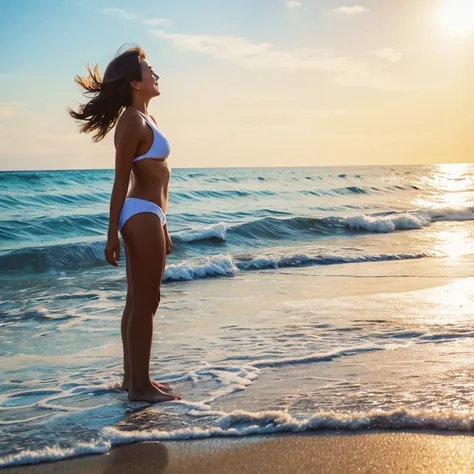 A girl stands on a beautiful beach and admires the endless sea, listening to the sound of the surf, feeling the light breeze on your face and enjoying the warm rays of the sun, who caress her skin. Each wave brings new emotions, filling her heart with joy ...