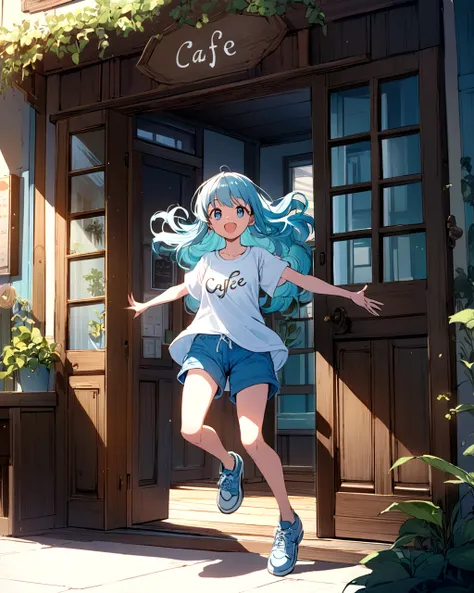 A vibrant anime-style illustration featuring a cheerful girl with long, flowing hair that transitions from black to white at the tips. She is wearing a light blue oversized t-shirt, blue shorts, and light blue sneakers. She is joyfully jumping in front of ...