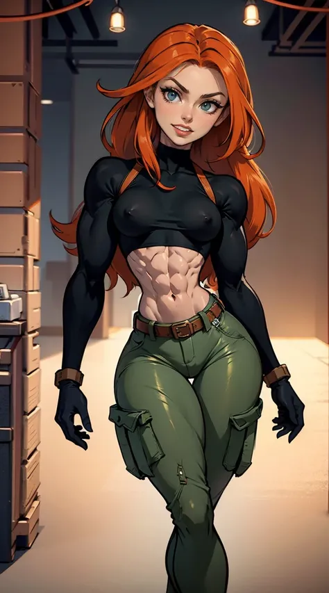 (Muscular:1.6), (thick thighs:1.6), 
(long hair:1.3) orange-red hair, green eyes, pale skin,
eyeshadow,
detailed eyes, (big smile:1.6), detailed skin,
(small breasts:1.8),
(black crop top, black gloves, brown belt, long sleeves:1.3), (green cargo pants:1.5...