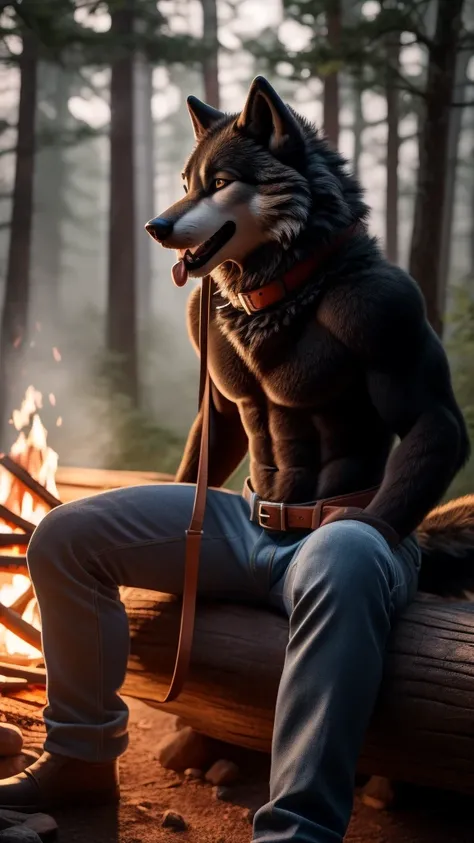 Sitting in front of campfire on log, Male, 30 years old, happy, mouth open with tongue hanging out, anthro, wolf ears, (black fur:1.5), wolf, forest background, 8k, hi res, (best quality, masterpiece), (wolf tail:1.5), detailed fur, solo, looking at camera...