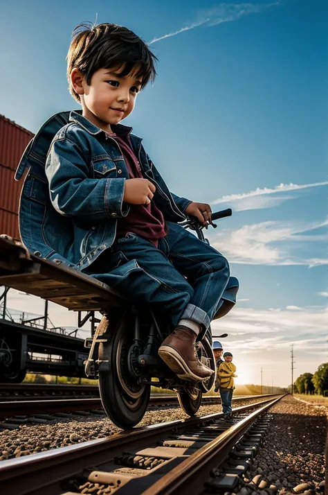 6 year old boy next to an angel, riding a freight train 