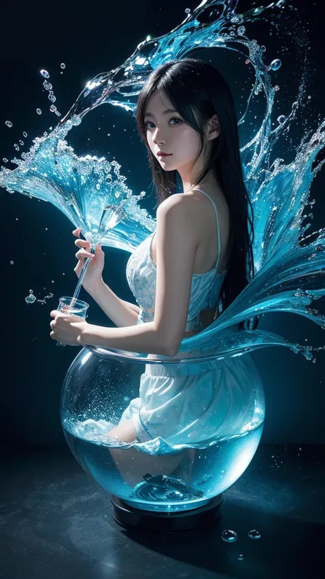 A person holding a fishbowl filled with water、 Pixiv, Fantasy art, Water Element,  Splash art anime , Beautiful anime art style, Wallpaper Anime Blue Water