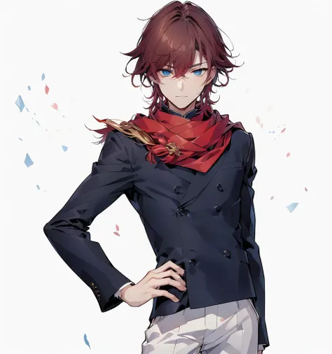 Close-up of a person wearing dark clothes and white pants, a man wearing a red scarf，a man with rather sharp hair，A man with gentle eyes，Anime handsome man, Tall anime man with blue eyes, Inspired by Ryusei Kishida, Kazuma Kaneko, kakyoin, Shikano Makoto, ...