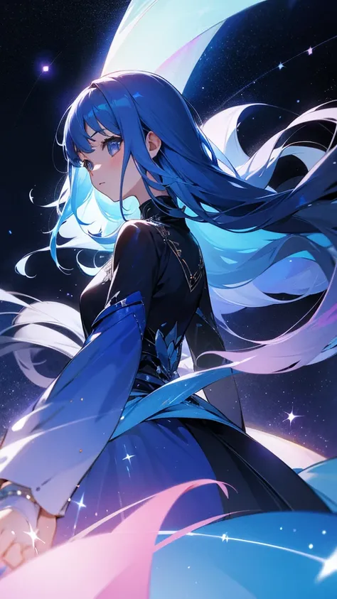 One girl、up、Facing directly ahead、The background is the night sky、Blue Hair、Long Hair、Wearing a sparkling dress