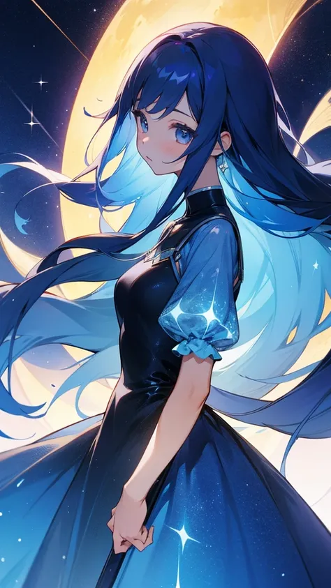 One girl、up、Facing directly ahead、The background is the night sky、Blue Hair、Long Hair、Wearing a sparkling dress