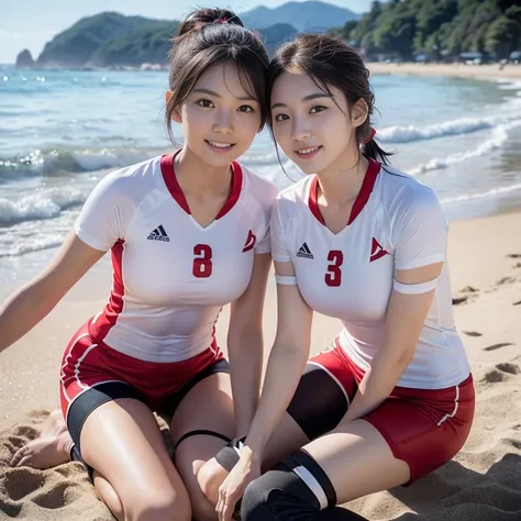 (2 beautiful korean volleyball players, age 23, they are wearing white tight lightweight synthetic jersey, red spandex shorts, a...