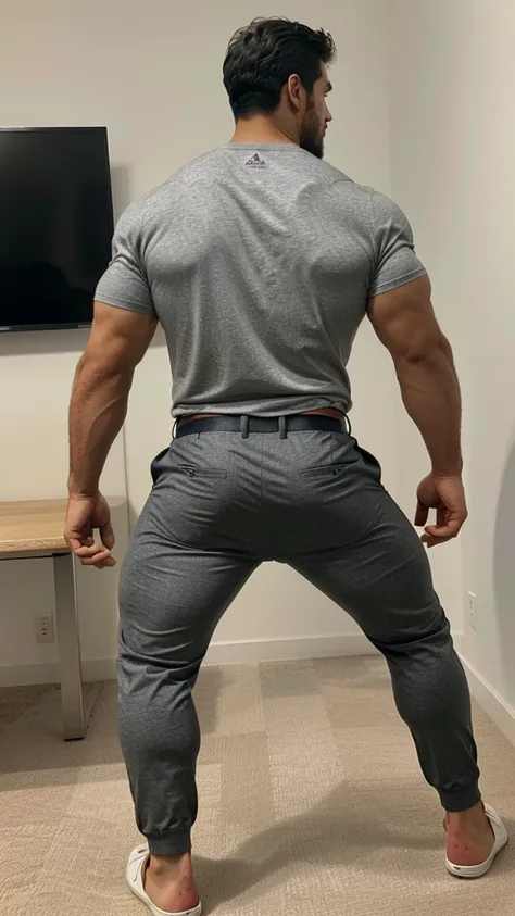 A Hispanic man with a face that looks like Henry Cavill. black man, His body is muscular and he has a toothed beard..  Big Butt, in a moment of reflection. full body. Fajada shirt, semi formal clothing, grey pants, backside. 