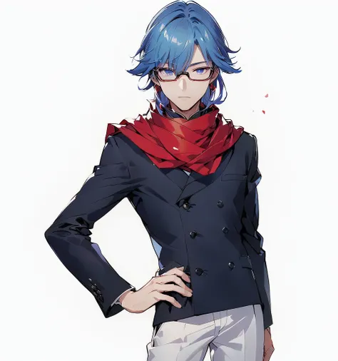 Close-up of a person wearing dark clothes and white pants, a man wearing a red scarf，A man wearing red glasses，a man with rather sharp hair，A man with gentle eyes，Anime handsome man, Tall anime man with blue eyes, Inspired by Ryusei Kishida, Kazuma Kaneko,...