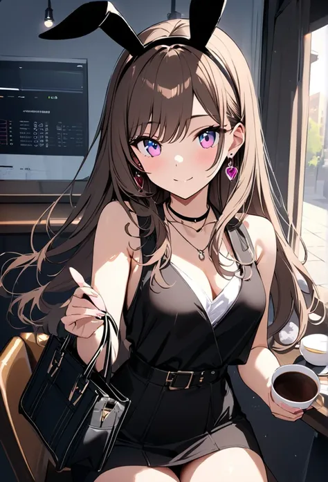 masterpiece, highest quality, Super fine, super fine, 4k, 8K, highest quality, beautiful, cute woman, alone, (beautiful Brown hair, blue eyes, beautiful pink eyes, beautiful eyes, long hair, Bunny ears, smile),
Break Company、Business service、coffee, 
break...