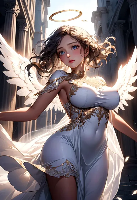 Big Breasts Angel, Wearing a gorgeous dress that covers the whole body, Floating in the air, angel wings, outdoor, detailed face, detailed eyes, detailed lips, detailed nose 