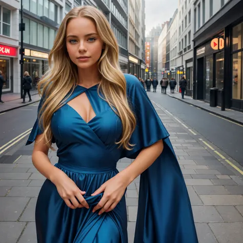 professional portrait photograph of a gorgeous 18 year,Norwegian girl Lise Olsen in london with long wavy blonde hair,blue eye,happy,sultry flirty look, gorgeous symmetrical face, cute natural makeup, wearing beautiful red gown, ((standing outside in city ...