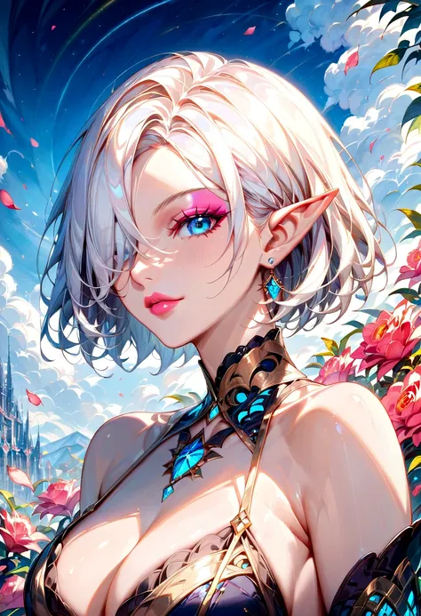 score_9, score_8_up, score_7_up, score_6_up, (masterpiece, top quality, best quality, official art, beautiful and aesthetic:1.2), (elf), (1girl), Bob cut hair, parted bangs, (hair over one eye), white hair, lips, eyelashes, makeup, blue eyes, eyeshadow, pi...