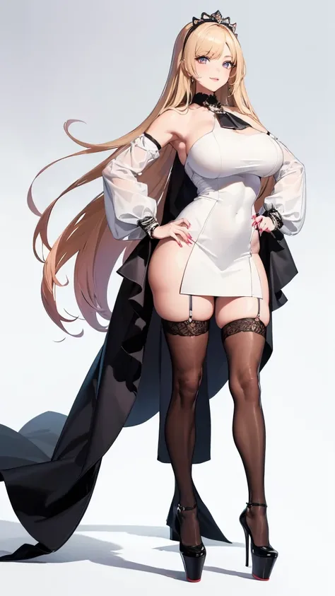 ((masterpiece, high resolution, better quality, better details)), ((Marin Kitagawa)), ((Smiling)), a girl modeling standing, mini skirt, blouse with long sleeves, ((big neckline)), ((platform high heels)), pink eyes with black outline, (light blonde hair, ...