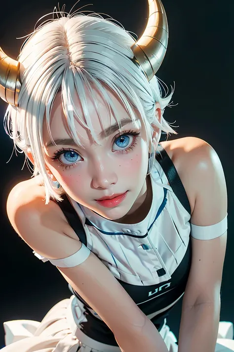 1girl, bethel, blue eyes, bare shoulders, breasts, medium breasts, short hair, white hair, hair over one eye, bangs, gloves, sleeveless, solo, shirt, fingerless gloves, white shirt, sleeveless shirt, arms behind back, off shoulder, horns, smile, (masterpie...