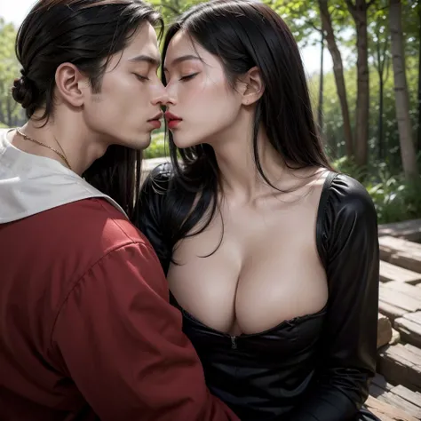 1 girl, long black hair , clear skin, big brown eyes, Slim appearance, Red lips, with big breast, Closing the eyes, kissing the man, Clothes, medieval, 2 Man , short white hair, broad chest, white eyes, high, Clothes, medieval, 3 man, short black hair, bro...