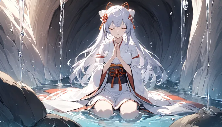 a japanese shrine maiden meditates in a beautiful and mysterious cave dripping with water drops.