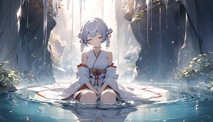 a japanese shrine maiden meditates in a beautiful and mysterious cave dripping with water drops.