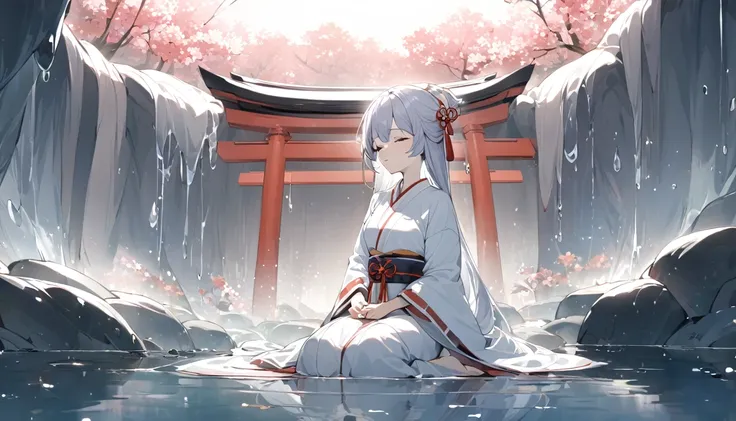 a japanese shrine maiden meditates in a beautiful and mysterious cave dripping with water drops.