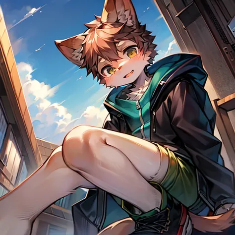 cute boy，4K，high quality，Real skies，Sunlight日系城市景观，High-rise，roof，Sunlight，Cat with very soft fur，Wearing a see-through baggy jacket and shorts，character focus，Intricate details，（Your name style，Japanese anime style）