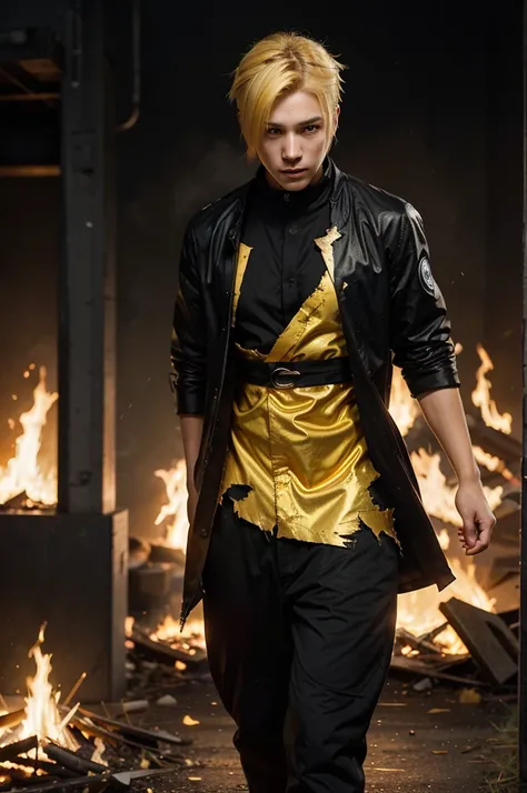 A young man with short, yellow hair, like Naruto characters, shiny, torn clothes, fire effect, great energy, red yellow black, golden color. Stunning, dinamic moving. Rendering uhd hdr, hyper realistic