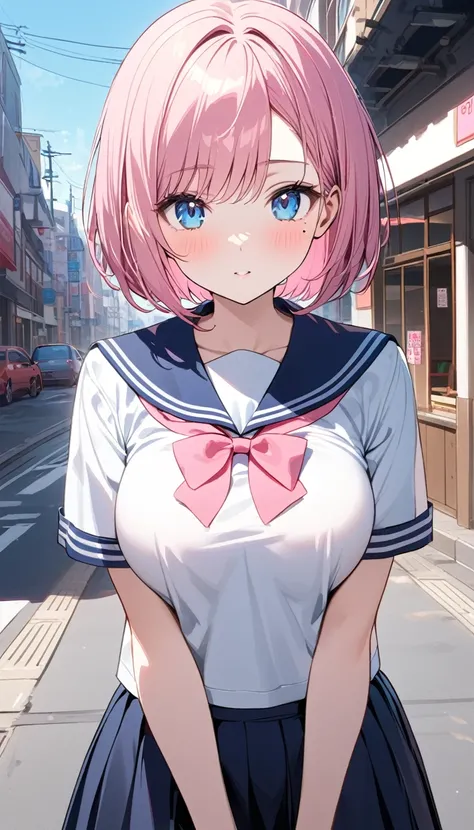 (1 girl),(Best Picture Quality, 8K, Masterpiece:1.3), (high school student:1.5), (pink lob hair:1.1), [skyblue hair:0.1], (bob cut),(swept bangs), (cute eyes, pupil black, iris skyblue, youthful face), (mole under right eye), (standard weight), (medium bre...