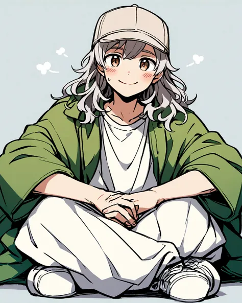 A digital anime-style illustration of a boy with long, wavy gray hair. He is wearing a light brown baseball cap and a loose, oversized green jacket over a white T-shirt. The boy is sitting cross-legged on the floor, with his hands resting in his lap. His o...