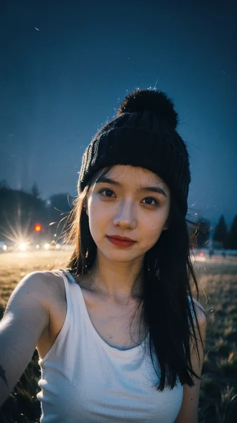 Original photo from a young russian woman with unique face, (floating long hair:1.3), ((upper body selfie)), happy, masterpiece, outdoors, (night), cheerful, happy, tank top with big breast, beanie hat, surrounding by string fairy light, dark fores landsca...