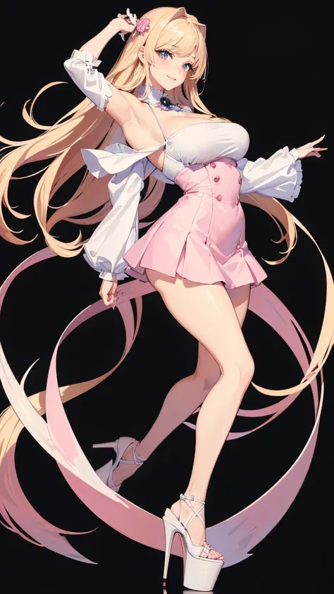 ((masterpiece, high resolution, better quality, better details)), ((Marin Kitagawa)), ((Smiling)), a girl modeling standing, mini skirt, blouse with long sleeves, ((big neckline)), ((platform high heels)), pink eyes with black outline, (light blonde hair, ...