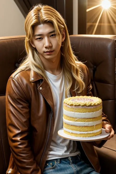 Kim Namjoon manly face holding a sun themed cake,leather jacket and long blonde hair
