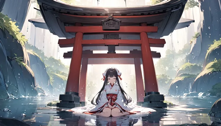 A Japanese shrine maiden meditates in a beautiful and mysterious cave dripping with water drops.