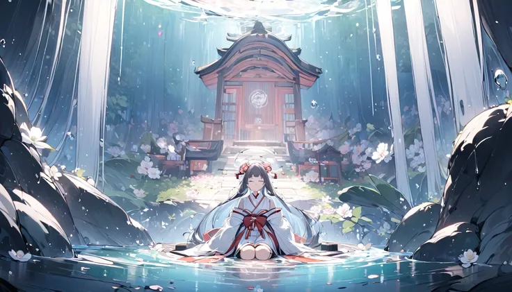 A Japanese shrine maiden meditates in a beautiful and mysterious cave dripping with water drops.